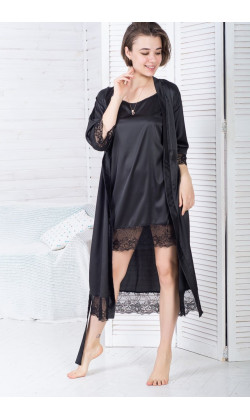 Комплект удлиненный халат и ночная шелковая сорочка,Черный