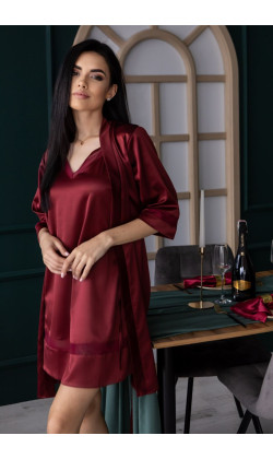 Комплект халат и ночная шелковая сорочка сетка,Бордовый