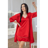 Комплект халат и ночная шелковая сорочка сетка,Красный