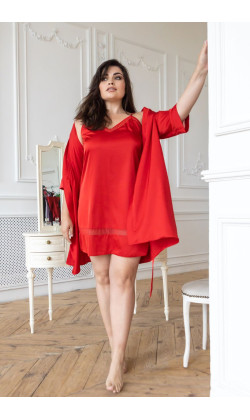 Комплект халат и ночная шелковая сорочка сетка XXL+,Красный