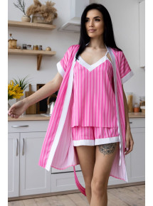 Комплект пижама и халат женский шелковый,Полоска малиновый