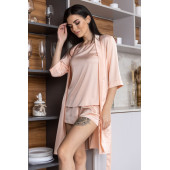 Комплект пижама и халат шелковый однотонный,Персиковый